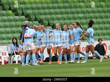 MELBOURNE, AUSTRALIE. 29 janvier 2023. Melbourne City / Adélaïde United. Melbourne City délebrate leur seul et unique but lors du clash entre City et Adelaide United. Credit Karl Phillipson/Alamy Live News Banque D'Images