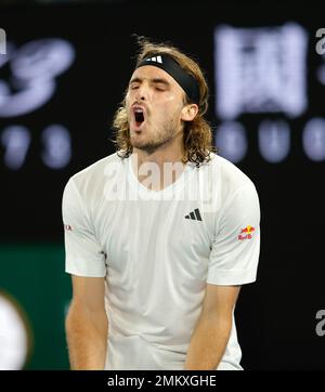 Melbourne, Australie. 29th janvier 2023. Tennis: Grand Chelem - Open d'Australie, singles, Men, final Tsitsipas (Grèce) - Djokovic (Serbie): Stefanos Tsitsipas réagit. Credit: Frank Molter/dpa/Alay Live News Banque D'Images