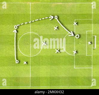 Graphique une tactique de jeu de football avec de la craie blanche et sur un fond non focalisé d'un terrain de jeu. Tout le contenu de l'écran est conçu par nous et non pas copie Banque D'Images