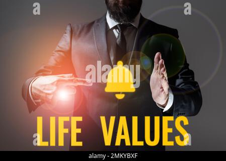 Légende de texte présentant les valeurs de la vie. Idées d'affaires les choses que vous croyez sont importantes dans la façon dont vous vivez Banque D'Images