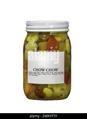 Chow Chow en conserve Amish dans un pot, avec une étiquette blanche l'indiquant avec un arrière-plan Banque D'Images