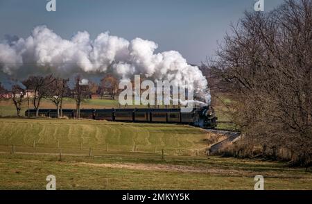 Vue sur un train de passagers antique approchant, soufflant de la fumée et de la vapeur, le jour de l'automne Banque D'Images