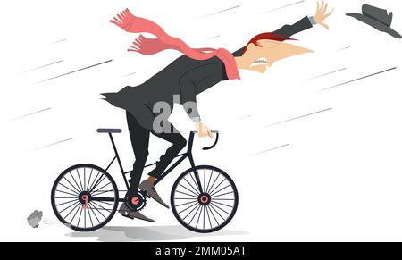 Une journée pluvieux et venteuse et un homme fait du vélo. Vent et pluie forts. Cycliste essayant de prendre son chapeau volant. Isolé sur fond blanc Illustration de Vecteur