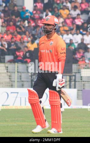 28 janvier 2023 à Sylhet-Bangladesh: TAMIM IQBAL, batteur de l'équipe de tigres de Khulna, lors d'un match d'aujourd'hui entre Comilla Victorians et Khulna Tigers aux tournois de la première Ligue du Bangladesh (BPL) 2023 au stade de cricket international de Sylhet au Bangladesh. L'équipe de Comilla Victorians a remporté 4 courses. Le 28 janvier 2023 à Sylhet-Bangladesh (photo de MD Rafayat Haque Khan/ Eyepix Group) Banque D'Images