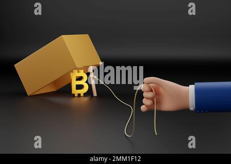 Main de dessin animé tenant la corde d'un piège de boîte avec un symbole de bitcoin comme appât à l'intérieur. 3d illustration. Banque D'Images