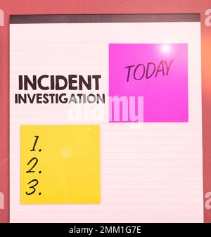Texte indiquant l'enquête sur l'incident inspiration. Concept signifiant responsable de l'intégrité de l'incident Banque D'Images