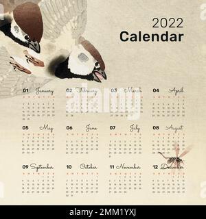 Modèle de calendrier mensuel Bird 2022, vecteur de conception japonais.Remix d'œuvres d'art vintage d'Ohara Koson. Illustration de Vecteur