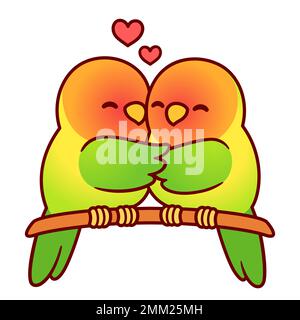 Adorables perroquets de petits oiseaux qui embrasent les couples. Drôle de dessin animé oiseaux dans l'amour. Illustration vectorielle de la carte de vœux de Saint-Valentin. Illustration de Vecteur