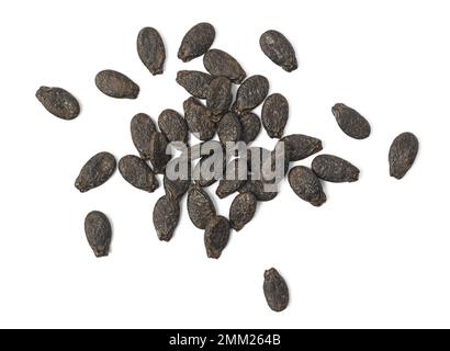 graines de luffa coudées séchées isolées sur fond blanc, également connues sous le nom de gourde strié ou okra chinois, récoltées ou récoltées des graines de légumes pour la plantation Banque D'Images