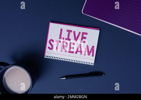 Légende de texte présentant Live Stream. Photo conceptuelle transmettre ou recevoir une couverture vidéo et audio sur Internet Banque D'Images