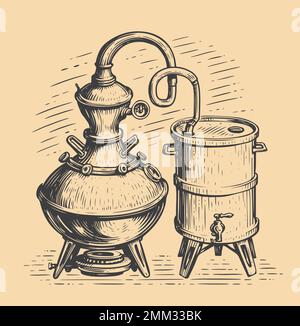 Procédé de distillation de l'alcool. Fermentation, distillation, vieillissement et mise en bouteille de boissons alcoolisées. Illustration vectorielle vintage Illustration de Vecteur