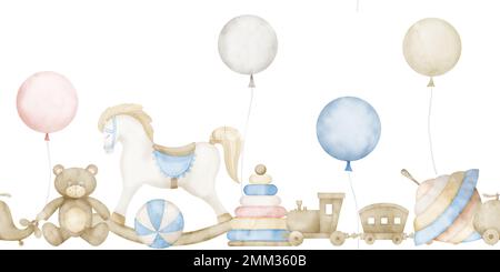 Aquarelle enfants sans couture transport de bordure avec jouets pour douche de bébé cartes de voeux ou invitations. Cadre dessiné à la main avec cheval à bascule, ours en peluche et ballons sur fond isolé. Motif mignon Banque D'Images