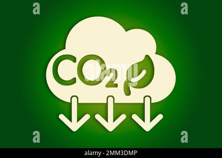 Design minimaliste abstrait de CO2 feuilles de papier avec fond vert dégradé. Réduire les émissions de CO2 pour limiter le changement climatique. Banque D'Images