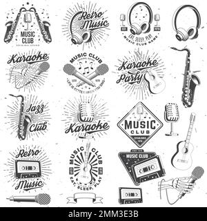 Affiche de musique rétro, bannière. Microphone rétro, saxophone , cassette audio, guitare acoustique classique avec Sunburst vintage typographie design pour t Illustration de Vecteur