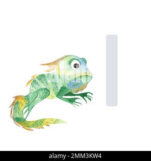 Lettre I, iguana, joli enfant coloré animal ABC alphabet. Illustration aquarelle isolée sur fond blanc. Banque D'Images