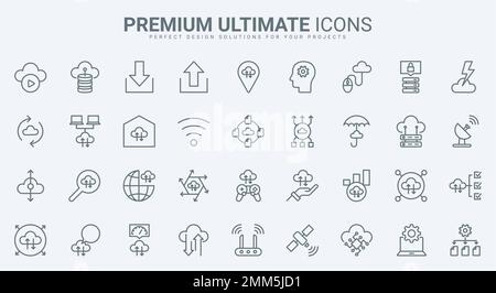 Les icônes de ligne fine du Cloud Computing définissent l'illustration vectorielle. Décrire le transfert automatique de données numériques, le téléchargement et la synchronisation, la gestion de l'information pour le stockage, la plate-forme réseau ai et la maison intelligente Illustration de Vecteur
