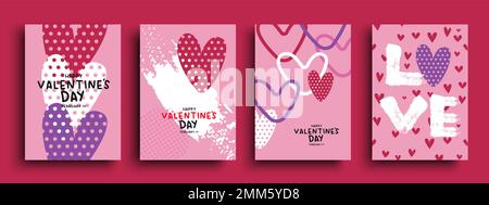 Ensemble de cartes de voeux à motif coeurs roses pour la Saint-Valentin heureux. Dessin animé en forme de coeur dans une collection d'affiches de style dessiné à la main. Adorable motif coolé romantique pour les éléments Illustration de Vecteur
