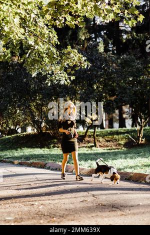 de jeunes blonds se promèvent dans le parc avec un chien de beagle Banque D'Images