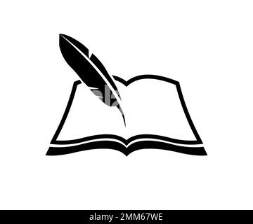 Quill, livre ouvert, logo de papeterie classique. Concept d'équipement d'écriture vintage. Adapté à l'éducation, l'auteur ou la publication de conception de vecteur. Illustration de Vecteur