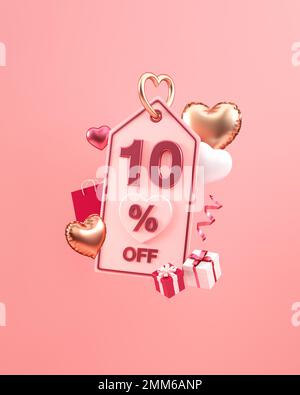 St Valentin vertical offre de médias sociaux poste avec 10 pour cent de réduction, coeurs et cadeaux dans l'illustration 3D Banque D'Images