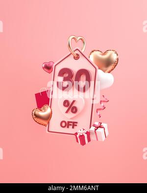 St Valentin vertical offre de médias sociaux poste avec 30 pour cent de réduction, coeurs et cadeaux dans l'illustration 3D Banque D'Images