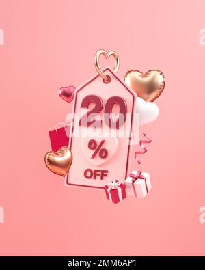 St Valentin vertical offre de médias sociaux poste avec 20 pour cent de réduction, coeurs et cadeaux dans l'illustration 3D Banque D'Images