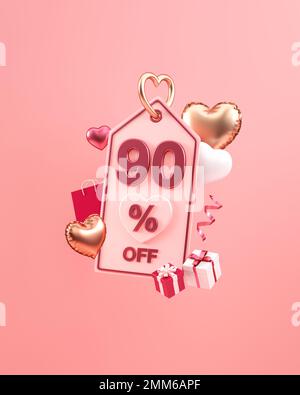 St Valentin vertical offre de médias sociaux poste avec 90 pour cent de réduction, coeurs et cadeaux dans l'illustration 3D Banque D'Images