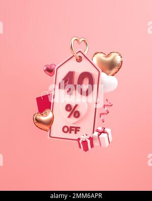 St Valentin vertical offre de médias sociaux poste avec 40 pour cent de réduction, coeurs et cadeaux dans l'illustration 3D Banque D'Images