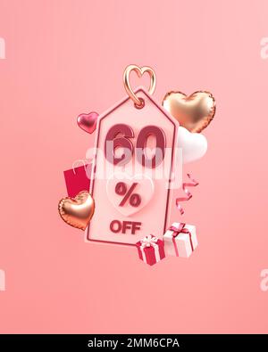 St Valentin vertical offre de médias sociaux poste avec 60 pour cent de réduction, coeurs et cadeaux dans l'illustration 3D Banque D'Images