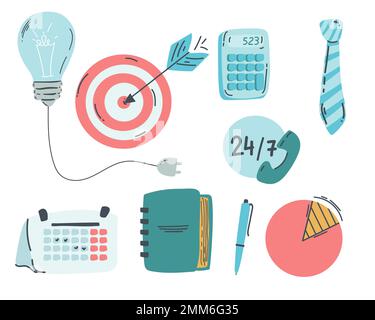 Ensemble d'éléments de business doodle fabriqués en vecteur. Idée, homme d'affaires, pensée créative, progrès, graphiques et tous les autres types d'éléments liés aux affaires Illustration de Vecteur