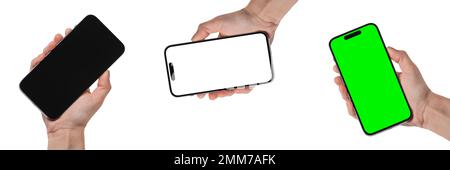 Téléphone à portée de main sur fond blanc. La main d'une femme tient un nouveau téléphone moderne dans sa main sur un fond blanc avec un écran blanc. Smartphone Banque D'Images