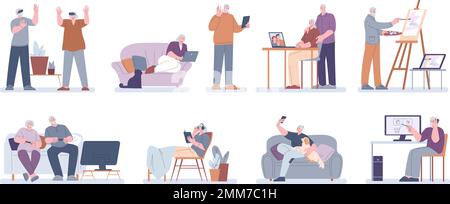 Les aînés utilisant des gadgets et des appareils numériques. La personne a un problème de technologie. Les vieux couples utilisent un ordinateur portable, les grands-parents modernes kicky personnages vectoriels Illustration de Vecteur