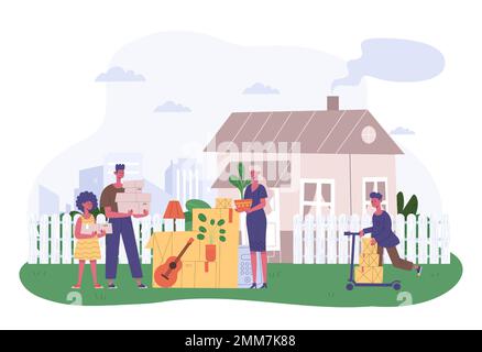 Famille déménagent dans une nouvelle maison. Parents avec enfants debout près de la maison avec des boîtes en carton. Dessin animé, fils et fille aidant Illustration de Vecteur