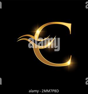 Illustration vectorielle du logo lettre C initial du logo Swoosh Golden Luxury sur fond noir avec effet brillant doré Illustration de Vecteur