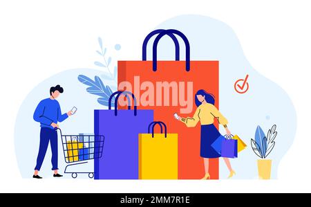 Couple faire des achats concept. Homme et femme effectuant des achats en ligne via smartphone. Homme de dessin animé avec chariot plein de paquets Illustration de Vecteur