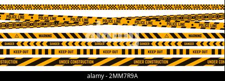Attention ruban jaune et noir. Avertissement industriel pour un lieu en construction. Alerte de danger, ligne de police pour les scènes de crime Illustration de Vecteur