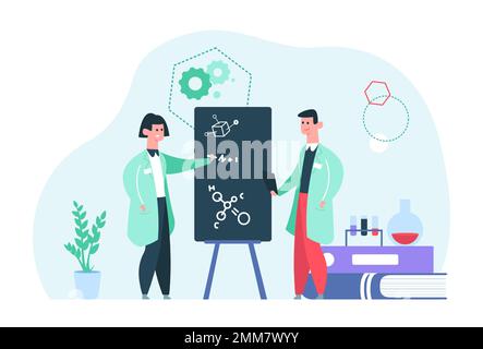 Étude scientifique. Homme et femme travaillant en laboratoire, écrivant à bord. Les gens qui font de la recherche, les travailleurs médicaux Illustration de Vecteur