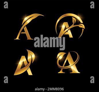 Illustration vectorielle du monogramme de la feuille d'or lettre initiale A sur fond noir avec effet brillant doré Illustration de Vecteur