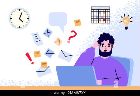 Gestion du temps, stress et productivité. Personnage masculin stressé assis au bureau et travaillant à l'ordinateur portable Illustration de Vecteur