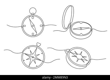 Compas de voyage de conception différente. Un seul équipement de dessin sur une seule ligne pour l'exploration et la navigation. Ligne continue Illustration de Vecteur