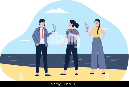 L'équipe du bureau se repose sur la plage avec des boissons. Vacances ou vacances de la direction. Homme heureux et femme sur la partie d'été, indépendant vecteur concept Illustration de Vecteur