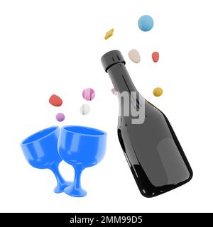 3d verres de rendu et vin avec coeurs autour de l'icône. 3d icône de rendu du symbole de saint-valentin. Verres et vin avec coeurs autour. Banque D'Images