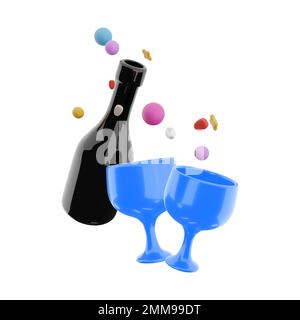 3d verres de rendu et vin avec coeurs autour de l'icône. 3d icône de rendu du symbole de saint-valentin. Verres et vin avec coeurs autour. Banque D'Images