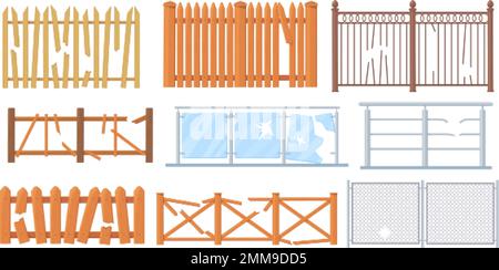 Clôtures cassées. Détruisez ou brisez l'escrime, le trou de la planche dans la clôture en bois, toile de fond bois ferme portes de jardin avec trou, vieille planche de bois barrière de piquet de grève dessin animé illustration vectorielle de la planche de mur brisée Illustration de Vecteur