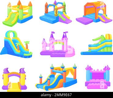 Châteaux gonflables. Château gonflé et toboggans gonflables pour parc pour enfants, terrains de jeux en caoutchouc pour enfants rebondir dans la maison ou sauter sur le trampoline, illustration vectorielle soignée du saut gonflable Illustration de Vecteur