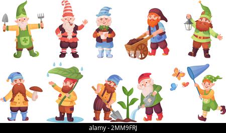 Nains de jardin. Dessin animé elf FANTASY jeu, magie gnome fée petite figure de créatures mâles, personnage nain drôle gnomes statues jardinage décorations, illustration de vecteur ingénieux Illustration de Vecteur