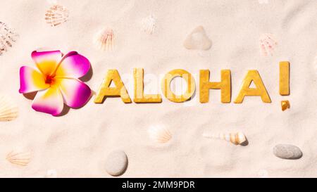 Aloha ! - Salutation en langue hawaïenne par des lettres d'or sur du sable blanc Banque D'Images
