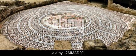 La magnifique mosaïque romaine parfaitement préservée se trouve dans la maison de Dionysos, dans le parc archéologique de Paphos, sur l'île de Chypre Banque D'Images