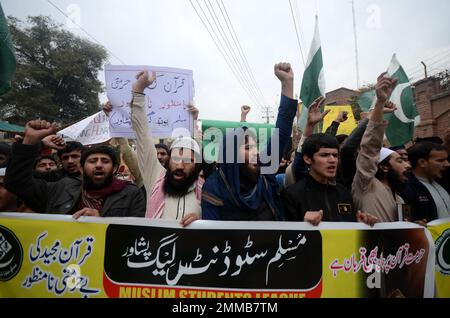 Peshawar, Khyber Pakhtunkhwa, Pakistan. 29th janvier 2023. Les partisans du parti de la Ligue de l'Homme musulman tiennent un écriteau dans Urdu "brûler le Coran est le pire type de terrorisme de la Suède" lors d'une protestation contre la Suède. Le Premier ministre pakistanais Shahbaz Sharif, plusieurs pays arabes ainsi que la Turquie ont condamné le 23 janvier l'islamophobie après que le politicien d'extrême-droite suédois-danois Rasmus Paludan ait brûlé une copie du Coran lors d'un rassemblement à Stockholm le 21 janvier. (Credit image: © Hussain Ali/Pacific Press via ZUMA Press Wire) USAGE ÉDITORIAL SEULEMENT! Non destiné À un usage commercial ! Banque D'Images