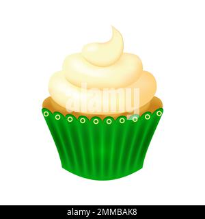 Cupcake au chocolat et crème au beurre dans un emballage en papier vert. Pâtisseries sucrées sur fond blanc. Dessert à la crème, bonbons pour les vacances. Vecteur Illustration de Vecteur